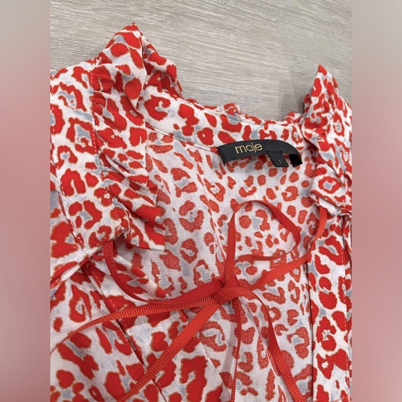 Maje White/Red Leopard Printed Ruffle Detailed Dress Size 1 (or Size Small) - Picture 4 of 8